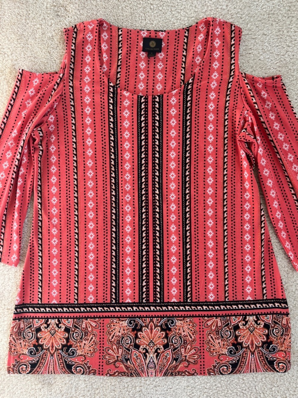 JM Collection Cold Shoulder 3/4 Sleeve Patterned Print Tunic Top Pink in Medium